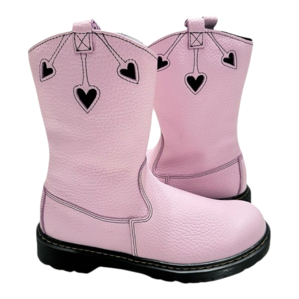 Pink Heart Detail Leather Boots Moto Western Style‎ Cute Grunge